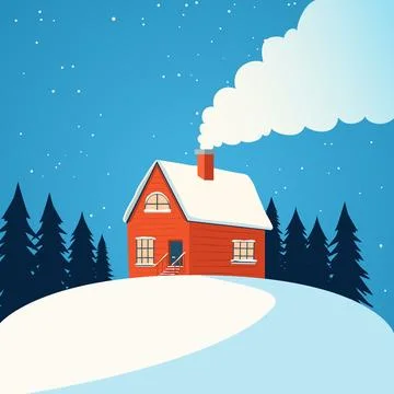 Cabin surrounded by snow and pine trees, with smoke rising from the chimney Stock Illustration