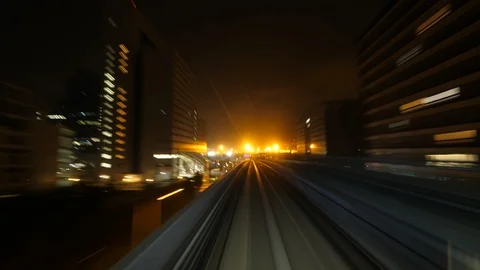 Cabin view of new mass transit vehicle running at night, time lapse shot Stock Footage 129514693