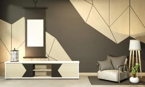 Cabiner and low table interior mock up Chinese style Room interior. 3D render Illustrazione stock