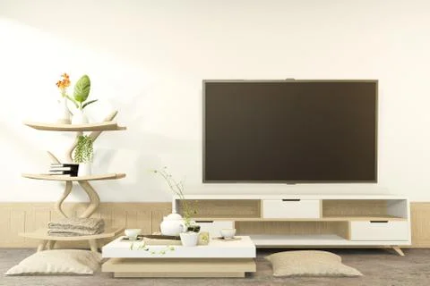 Cabiner and low table interior mock up Chinese style Room interior. 3D render Illustrazione stock