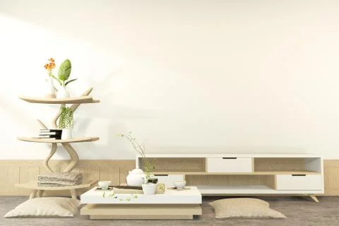 Cabiner and low table interior mock up Chinese style Room interior. 3D render Illustrazione stock