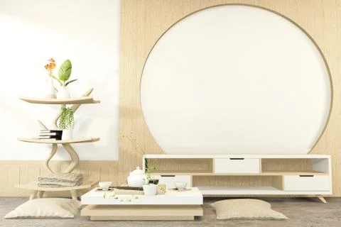 Cabiner and low table interior mock up Chinese style Room interior. 3D render Illustrazione stock