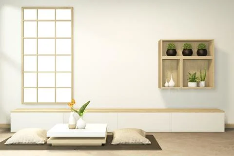 Cabiner and low table interior mock up Chinese style Room interior. 3D render Illustrazione stock