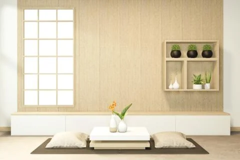 Cabiner and low table interior mock up Chinese style Room interior. 3D render Illustrazione stock
