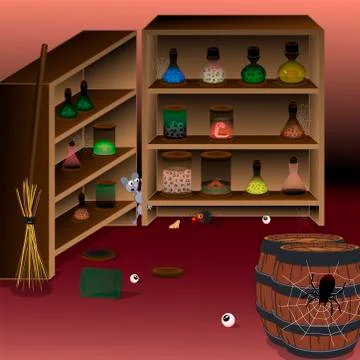 A cabinet with laboratory containers in the witch s house in the basement. A  Stock Illustration
