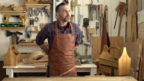 Cabinet Maker Begins his Working Day Stock Footage 75132299