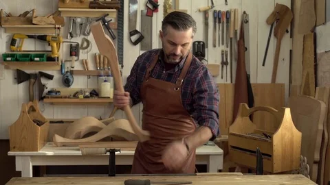 Cabinet Maker Begins his Working Day Stock Footage 75132689