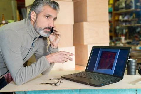 Cabinet maker talking on phone looking at design from laptop Foto stock