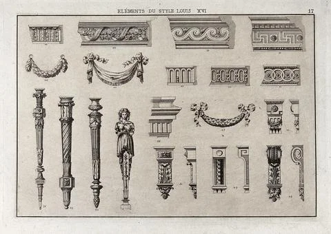 Cabinet-making: decorative architectural elements. Etching by J. Verchre af.. Stock Illustration