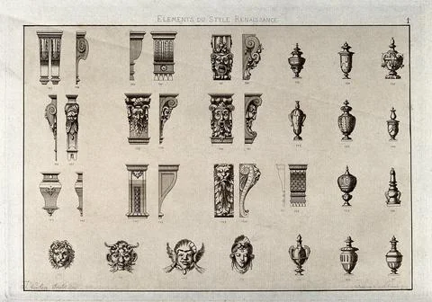 Cabinet-making: decorative architectural elements. Etching by J. Verchre af.. Stock Illustration