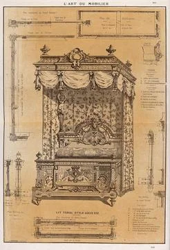 Cabinet-making: design for a bed. Etching by J. Verchre after himself, 1880. Stock Illustration