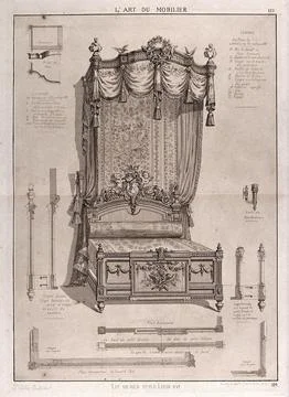Cabinet-making: design for a canopied bed. Etching by J. Verchre after hims.. Stock Illustration