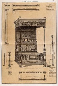 Cabinet-making: design for a "four-poster" bed. Etching by J. Verchre after.. Stock Illustration