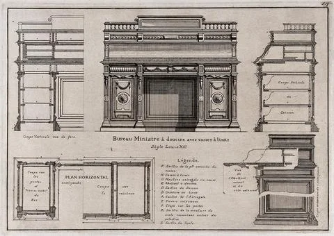 Cabinet-making: designs for a roll-top bureau. Etching by J. Verchre after .. Stock Illustration