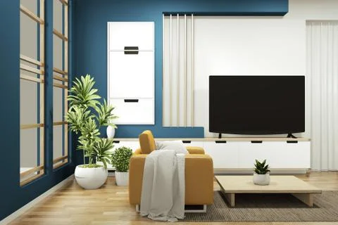 Cabinet mock up on room dark blue on floor wooden minimal design.3D rendering Stock Illustration