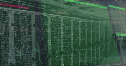 At cabinet pattern reveal green code overlay cascading and red scan line moving Stock Footage 320287419