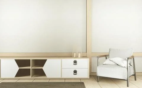 Cabinet TV in white empty interior room Japanese-style, 3d rendering Stock Illustration