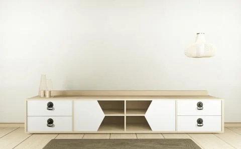 Cabinet TV in white empty interior room Japanese-style, 3d rendering Stock Illustration