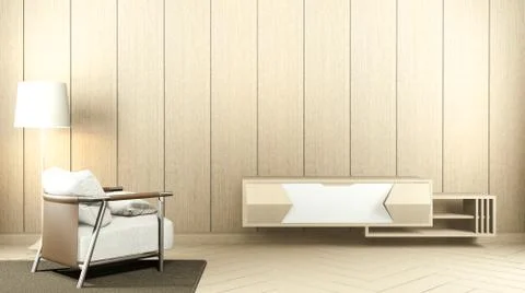 Cabinet TV in white empty interior and armchair room Japanese-style, 3d rende Stock Illustration