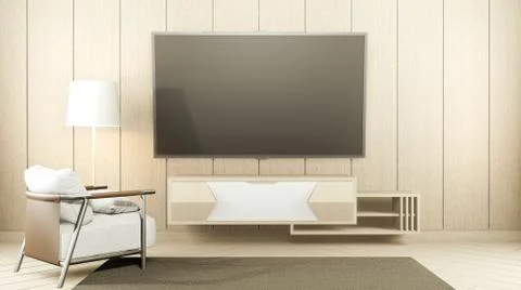 Cabinet TV in white empty interior and armchair room Japanese-style, 3d rende Stock Illustration