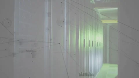 Cabinets lining corridor getting overlaid on fade-in network nodes linking to Stock Footage 310150388