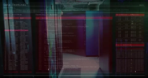 Cabinets receiving digital terminal interface on boot panels scrolling code for Stock Footage 312500801