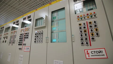 Cabinets with switchboards and buttons in control office Video stock 154289060