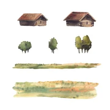 Cabins, Alpine huts, hills, fields, meadows, silhouettes of trees. Watercolor Stockillustratie