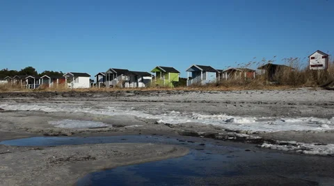 Cabins at the beach of Falsterbo Stock Footage 1180796