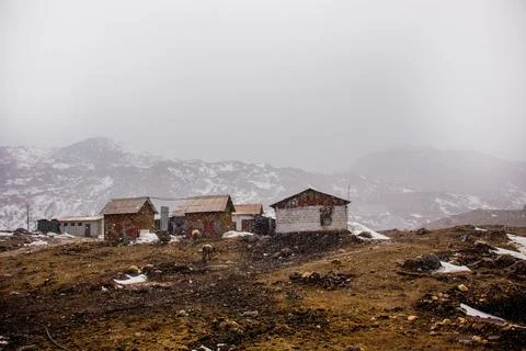 Cabins   on   a   brown   hill   with   soft   falling   snow Foto stock