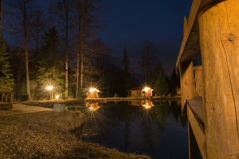 Cabins on Pond Night Timelapse Видео 87053934
