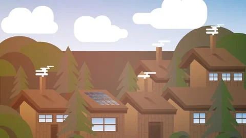 Cabins in Woods Small Town - Vector Illustration Illustrazione stock
