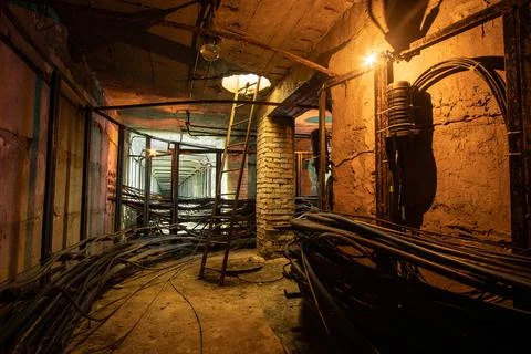 Cable branching in an old underground cable collector. Stock Photos
