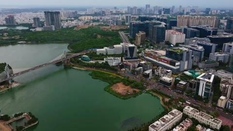 Cable bridge with Durgam Cheruvu, Inorbit Mall, glass facade building, Oval Video stock 340334382
