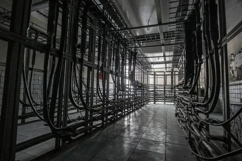 Cable cabinet with many cables. Cable cabinet of automatic telephone exchange Stock-Fotos
