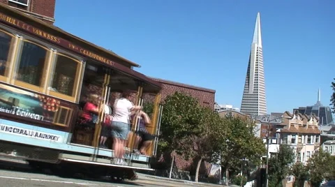 Cable car and Transamerican Pyramid San Francisco Stock Footage