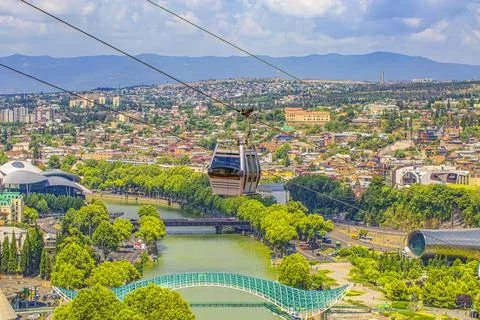 Cable car cabin and arial view of Tbilisi, Georgia Stock Photos
