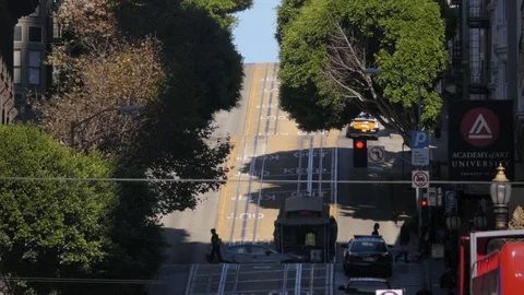 Cable car climbing hills powell street, san fransisco Stock Footage 83527762