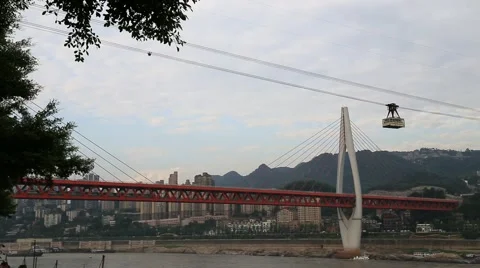 Cable car  crossing changjiang river, train crossing river by railway bridge. Stock Footage 54754556
