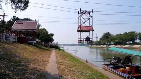 Cable Car Crossing River in Ayutthaya Stock Footage 293766822