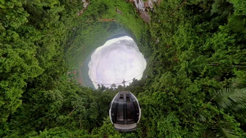 Cable Car Entering Deep Circular Forest Opening Captured in Hole Planet Angle Cr Vídeos de archivo 323459345
