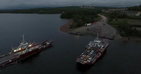 Cable Car Ferries Docking Leaving Port Aerial Drone POV Stock Footage 172460382