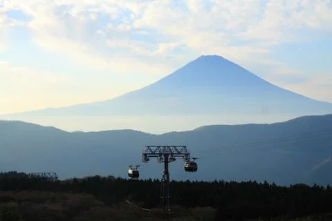 Cable car with Fuji mountain background, Fujiyama, Japan Stock Photos