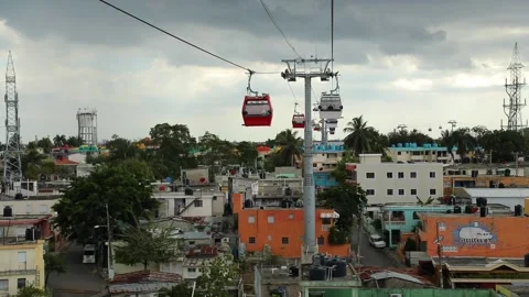 Cable car, funicular moves above the city slums. Stock Footage 201958832
