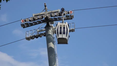 A cable car going up against a blue sky background.  Video stock 204151464