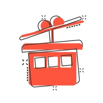 Cable car icon in comic style. Elevator cabin cartoon vector illustration on  Illustrazione stock