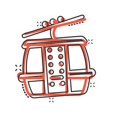 Cable car icon in comic style. Elevator cabin cartoon vector illustration on  Illustrazione stock