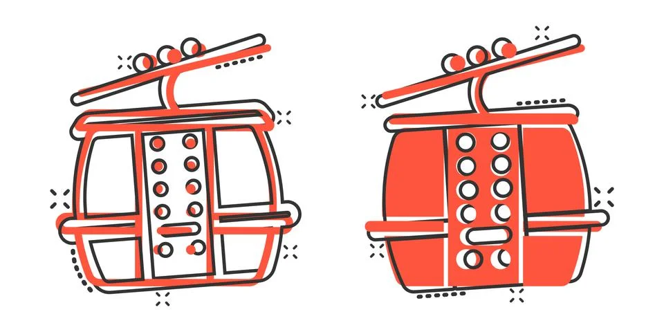 Cable car icon in comic style. Elevator cabin cartoon vector illustration on  Illustrazione stock