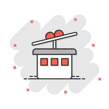 Cable car icon in comic style. Elevator cabin cartoon vector illustration on  Illustrazione stock