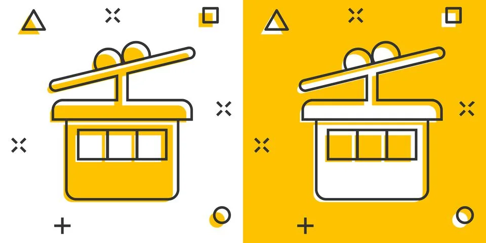 Cable car icon in comic style. Elevator cabin cartoon vector illustration on  Illustrazione stock